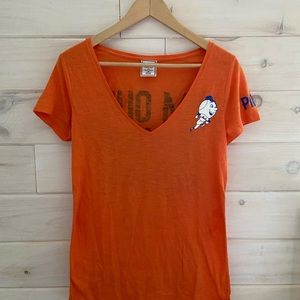 PINK Mets "I'm Out of Your League" Mr. Met Orange and Blue Women's Baseball Tee